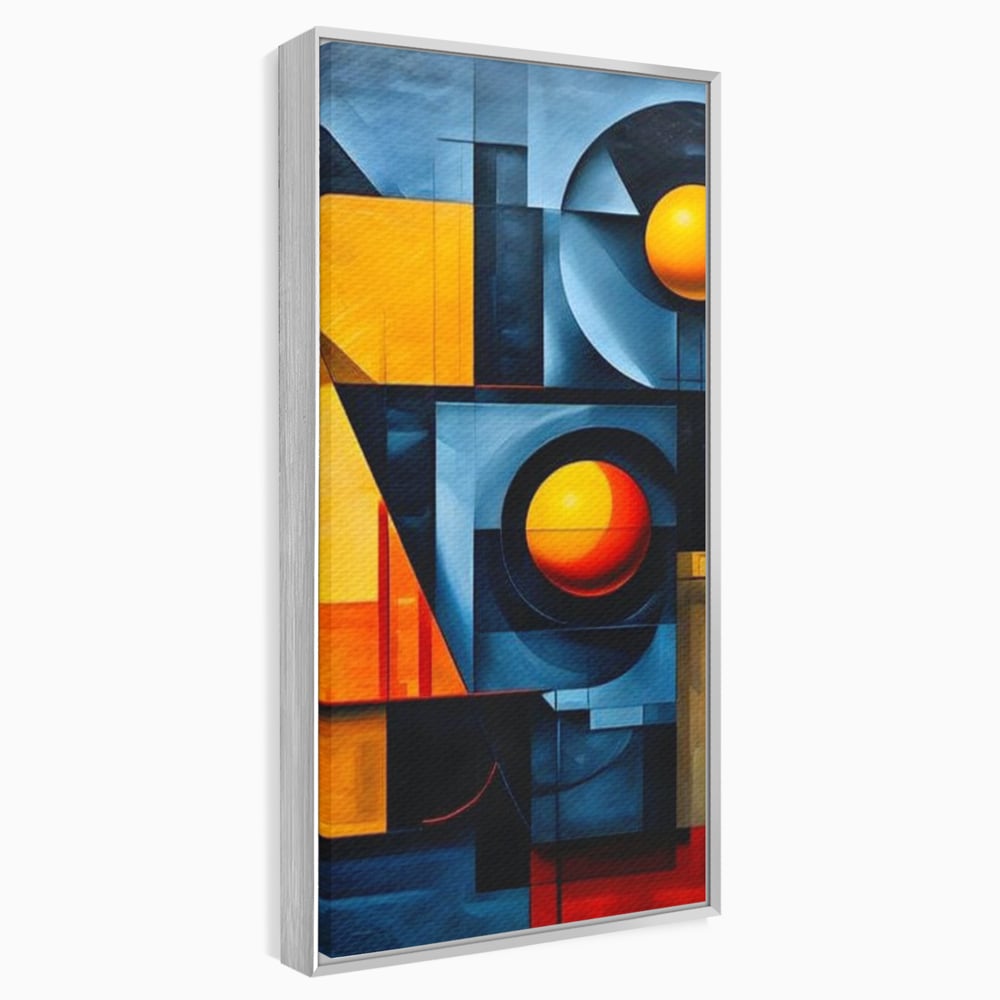 Tablou canvas cu pictura abstracta cu forme geometrice, in rama de aluminiu argintiu